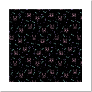 Witchy Cats, Crystals, and Stars Pastel Goth Witchcore Pattern Posters and Art